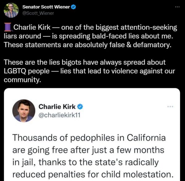 Charlie Kirk smears California State Senator Scott Wiener on Twitter Wiener responds