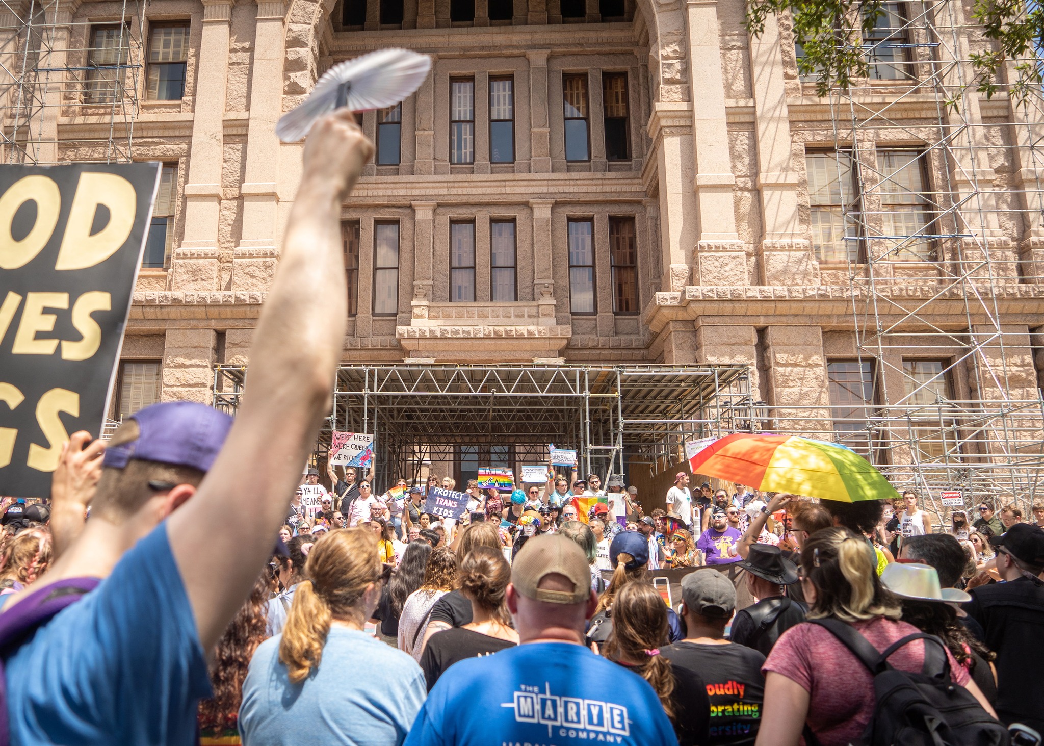 LGBTQ and Trans activists gather on the steps of the Texas State Capitol building protesting slate of anti-LGBTQ measures earlier this month (Photo Credit Equality Texas)