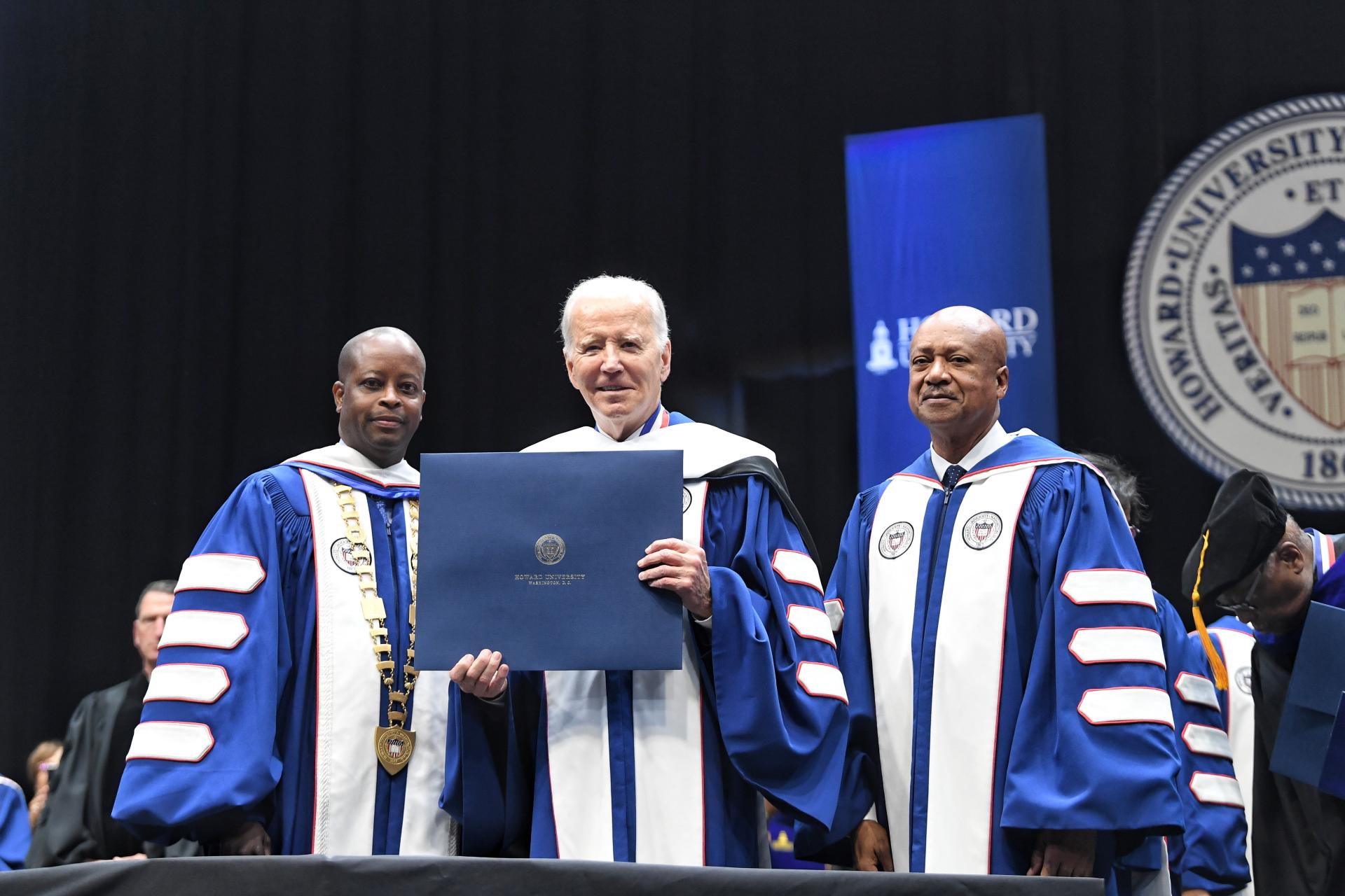 President-Biden-standing-with-Dr.-Frederick-and-Chairman-Morse-received-a-Doctor-of-Humanities-degree-during-Howards-commencement