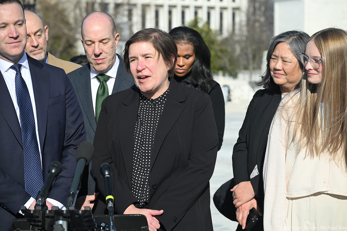 20260113_Kathleen_Harnett_outside_US_Supreme_Court_building_following_oral_arguments_insert_(c)_Washington_Blade_by_Michael_Key